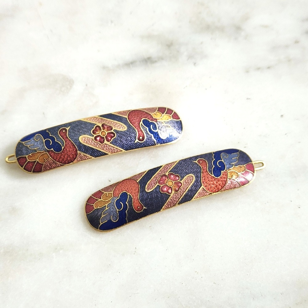 Vintage Cloisonne Enamel Hair Clips Set Blue Red Bird Floral Gold Tone Slides